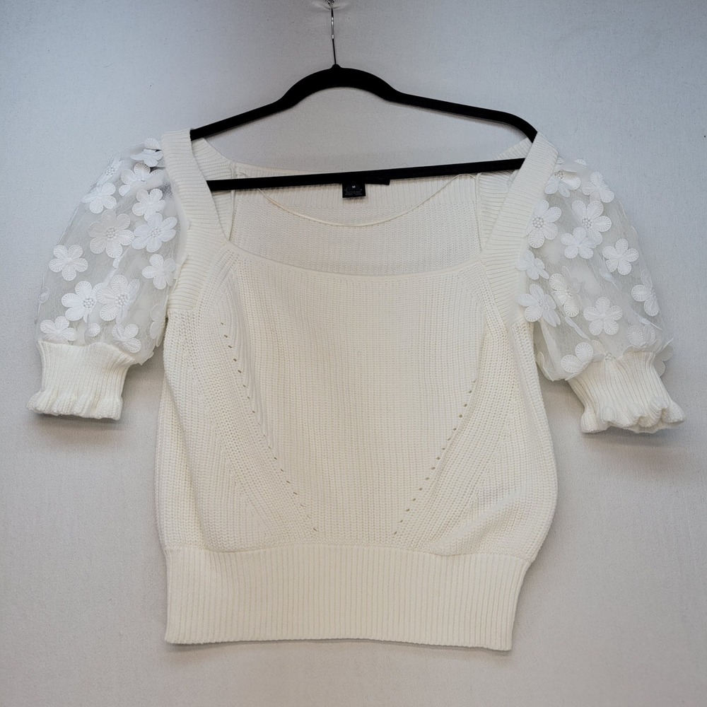 French Connection Knit Top Womens Medium White Romantic Floral Mesh Puff Sleeve